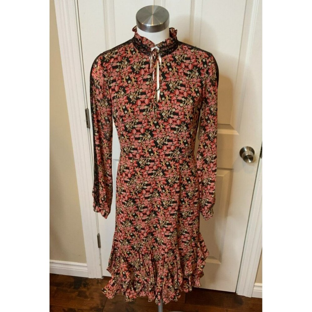 Mikael Aghal Pink & Black Floral Dress W/ Lace Trim & Ruffle Hem, Size 4